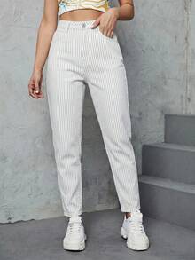 SHEIN ICON 女款條紋口袋休閒通勤牛仔媽媽牛仔褲 - 黑與白 - 查看 5