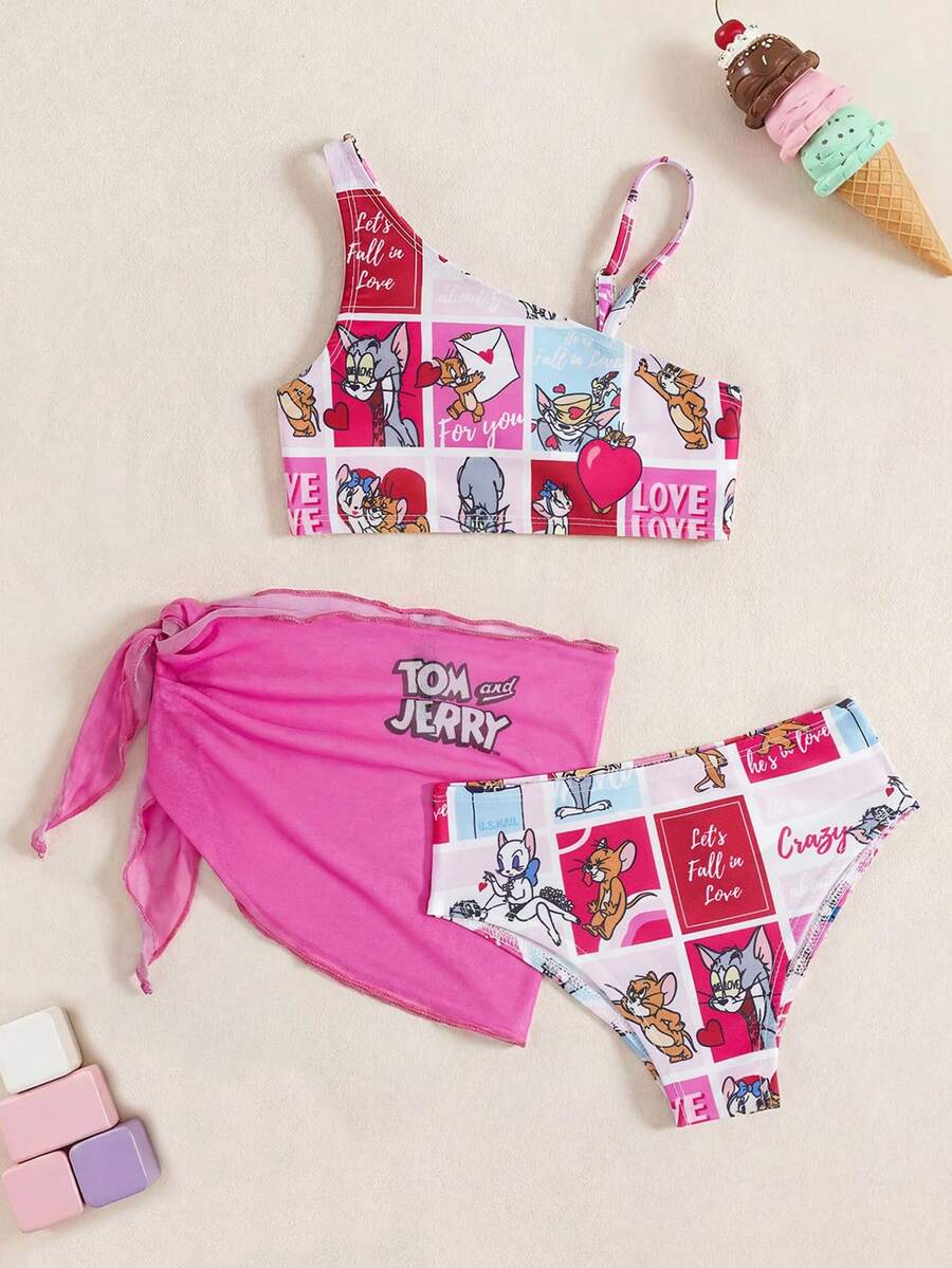 TOM & JERRY X SHEIN 3件套少女可爱休闲风泳装套装 - 彩色 - 查看 1