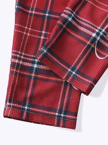 ROMWE MEN Street Life Men's Waffle Fabric Plaid Patchwork Loose Long Sleeve T-Shirt - Red and White - View 3