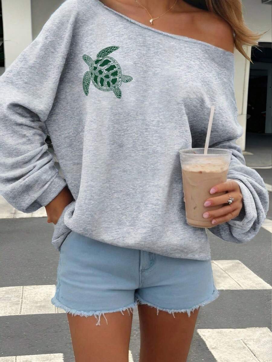 SHEIN EZwear 淺灰色女款露肩寬鬆休閒長袖衛衣,海龜印花圖案 - 淺灰色 - 查看 1