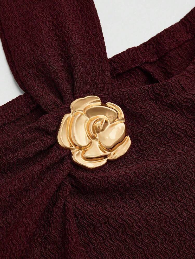 Auvina Plus Size Women's Solid Color Knitted Ribbed Asymmetric Shoulder Flare Sleeve Ruffle Trim Bodycon Maxi Elegant Party Dress Fall - Burgundy - View 8