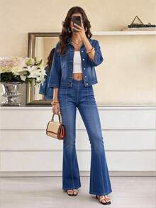 SHEIN ICON 大尺碼女款休閒百搭日常穿著牛仔喇叭褲 - 藍色 - 查看 4
