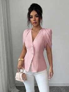 SHEIN Elenzya Women's Elegant Romantic Tailored Blazer With V-Neck, Pleated And Cinched Waist - Dusty Pink - View 6