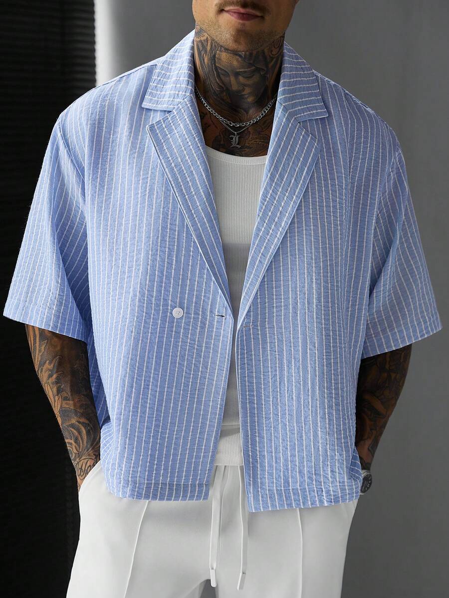 SLATEMANN Men's Striped Casual Versatile Daily Wear Shirt - Blue - View 1