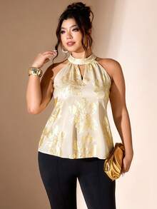 Cravure Women's Plus Size Gold Foil Floral Print Stand Collar Sleeveless Elegant Blouse - Apricot - View 5