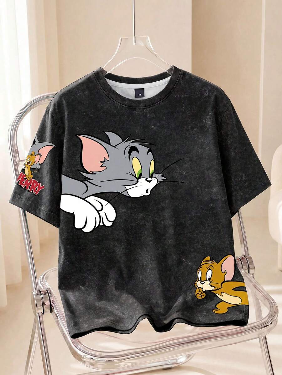 TOM & JERRY X SHEIN Kaos Kasual Musim Panas Pria dengan Gambar Kartun - Putih - View 1