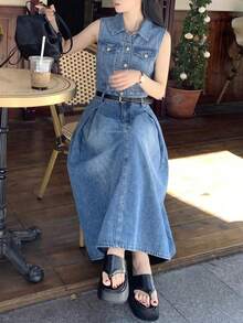 SHEIN 2Pcs Teen Girl Y2k Blue Denim Sleeveless Jacket And Loose-Fitting Comfortable Skirt For Dailywear - Blue - View 4