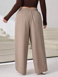 Solflare Plus Size Women's Solid Color Drawstring Waist Casual Versatile Wide Leg Pants For Daily Wear - Camel - View 2