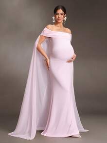 Cheriluna Maternity Maternity Off-Shoulder Solid Color Fashion Photography Dress - Pink - View 3