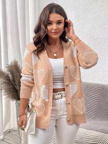 Elenzga Plus Size Women's Heart Pattern Single-Breasted Casual Daily Cardigan - Dusty Pink - View 3