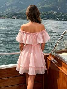 Glamine Charm 女款優雅時尚甜美浪漫露肩平口短洋裝，適合戶外度假旅行與街頭穿搭 - 粉色 - 查看 4