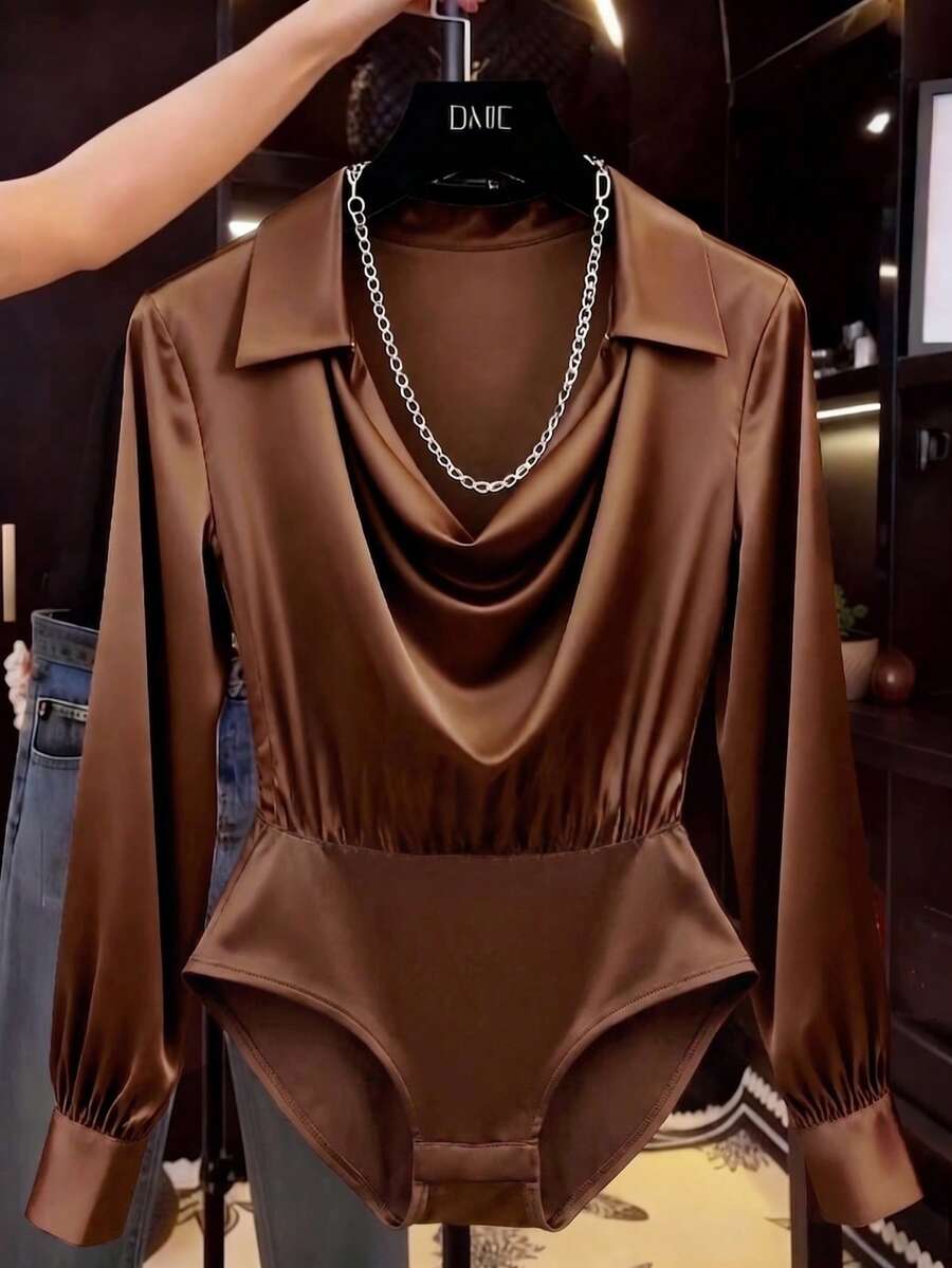 Elenzga Bodysuit Elegan Lengan Panjang Leher Kerah Warna Polos untuk Wanita Ukuran Besar Musim Dingin - Coklat - View 1