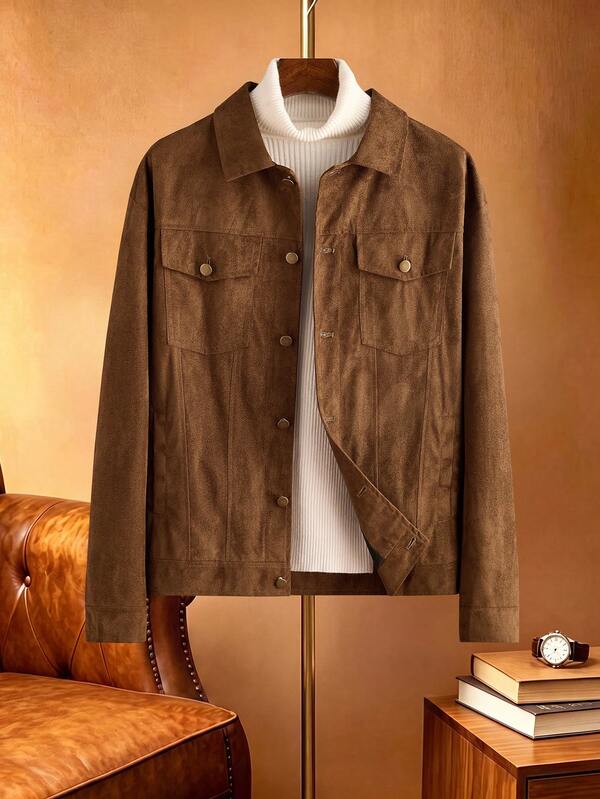 Core Aspect Men's Solid Color Suede Fleece Long Sleeve Single-Breasted Casual Jacket, Multi-Pocket Lapel Collar Outerwear