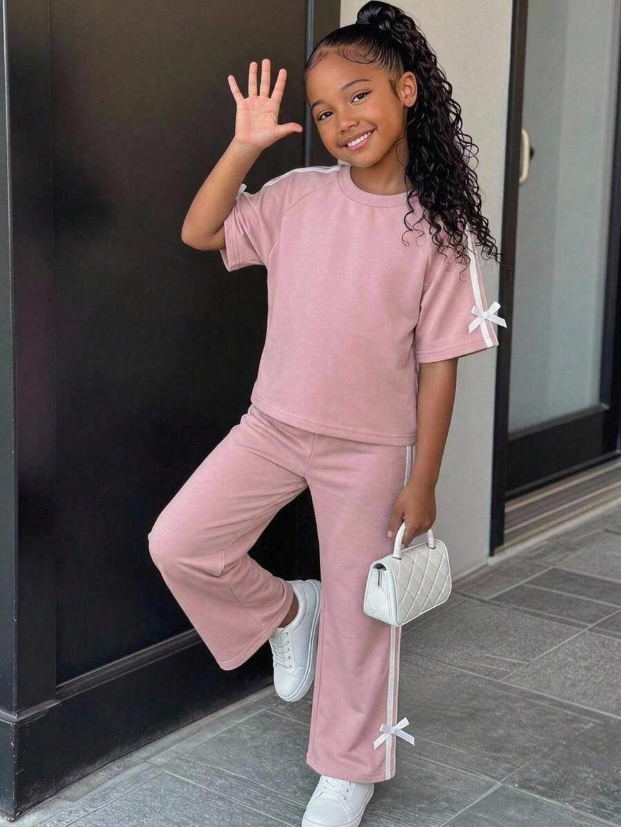 SHEIN Genkimix Kids 2pcs Young Girl Bow Ribbon Decor Casual Fashion Short Sleeve T-Shirt + Bow Ribbon Decor Casual Fashion Straight Leg Pants - Pink - View 1