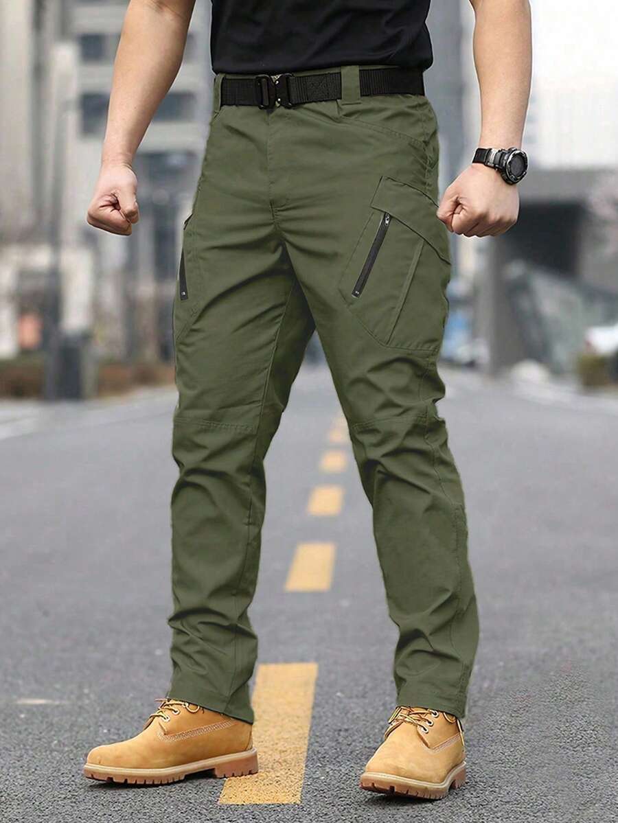Manfinity Homme 男士素色壓褶口袋休閒長褲 - 軍綠色 - 查看 1