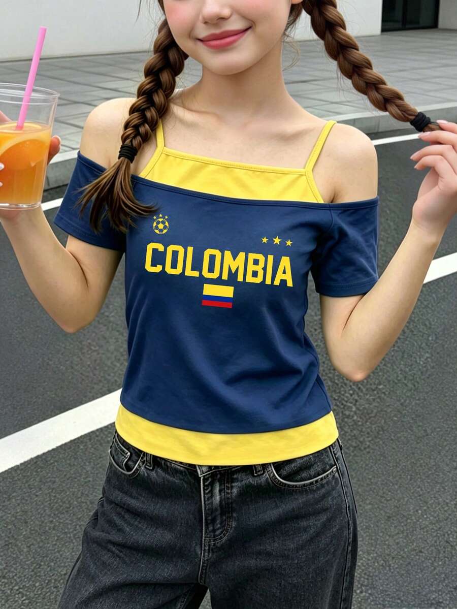 Tween Girl Creative Personalized Colombia Flag Navy Blue & Yellow Letter Pattern 2 In 1 Off-Shoulder Spaghetti Strap Short Sleeve T-Shirt - Multicolor - View 1