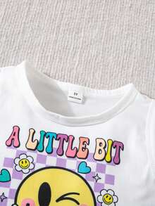 SHEIN Elladie kids 女童字母卡通臉印花背心上衣與雷射壓褶裙套裝 白色夏季款 - 彩色 - 查看 4