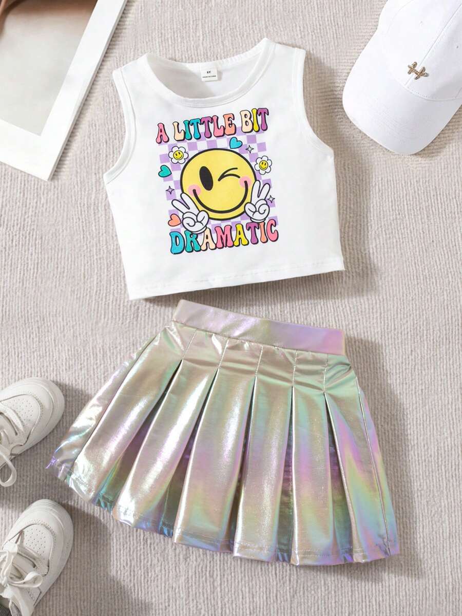 SHEIN Elladie kids 女童字母卡通臉印花背心上衣與雷射壓褶裙套裝 白色夏季款 - 彩色 - 查看 1