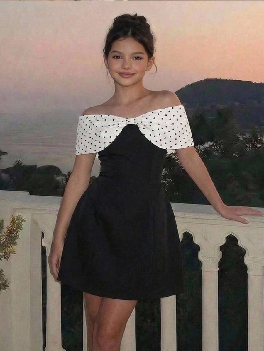 SHEIN 青少年女孩露肩波點蝴蝶結領撞色布料迷你洋裝