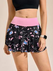 Exploreva Exploreva Contrast Color Print High Waist Sports Skort - Multicolor - View 3