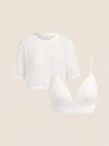 SHEIN BASICS 大尺碼女款純色圓領短袖短版背心上衣，白色，適合約會之夜、正式場合、度假、晚宴，夏季性感休閒風 - 白色 - 查看 7