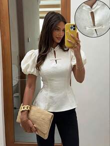 Siren Gaze Women's Jacquard Frog Button Design Short Puff Sleeve Elegant French Blouse Wedding Dinner Date Date Night Party White Summer - Apricot - View 2