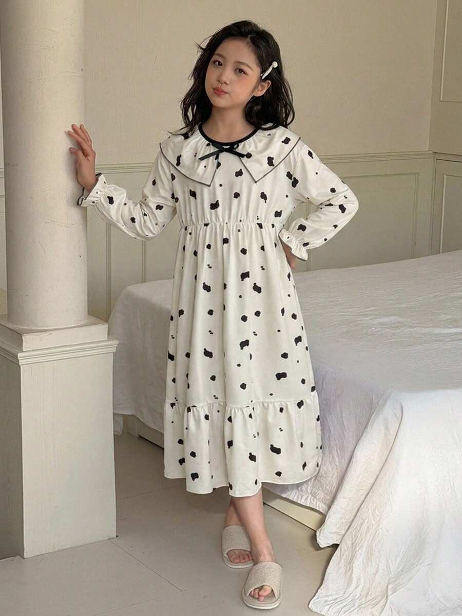 DAZY 青少年女孩全印花百褶休閒居家睡裙 秋季 - 米色 - 查看 1
