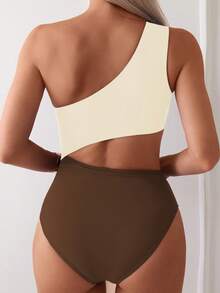 SHEIN Swim 1 件女士拼色镂空连体泳衣 - 棕色 - 查看 2