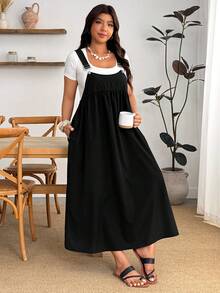 SHEIN PETITE CURVE Plus Size Loose Black Spaghetti Strap Dress, Suitable For Apple And Curvy Body Types - Black - View 8