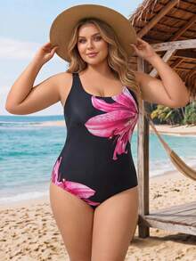 SHEIN CURVE+ 2026 Plus Size Floral Print One-Piece Swimsuit For Beach & Resort - Pink - View 4