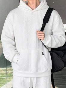 SHEIN 青少年男孩休閒裝飾鈕扣門襟紋理布料連帽衛衣，適合秋冬旅行運動返校秋季服飾 - 白色 - 查看 6