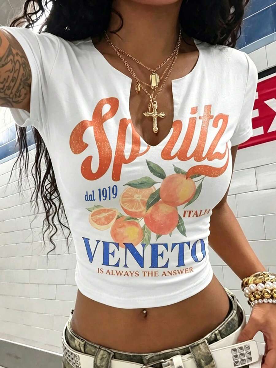 StreetHx 女士夏季露脐短款T恤,鸡尾酒水果橙黄色Y2K露脐T恤,意大利VENETO V领镂空婴儿T恤 - 白色 - 查看 1