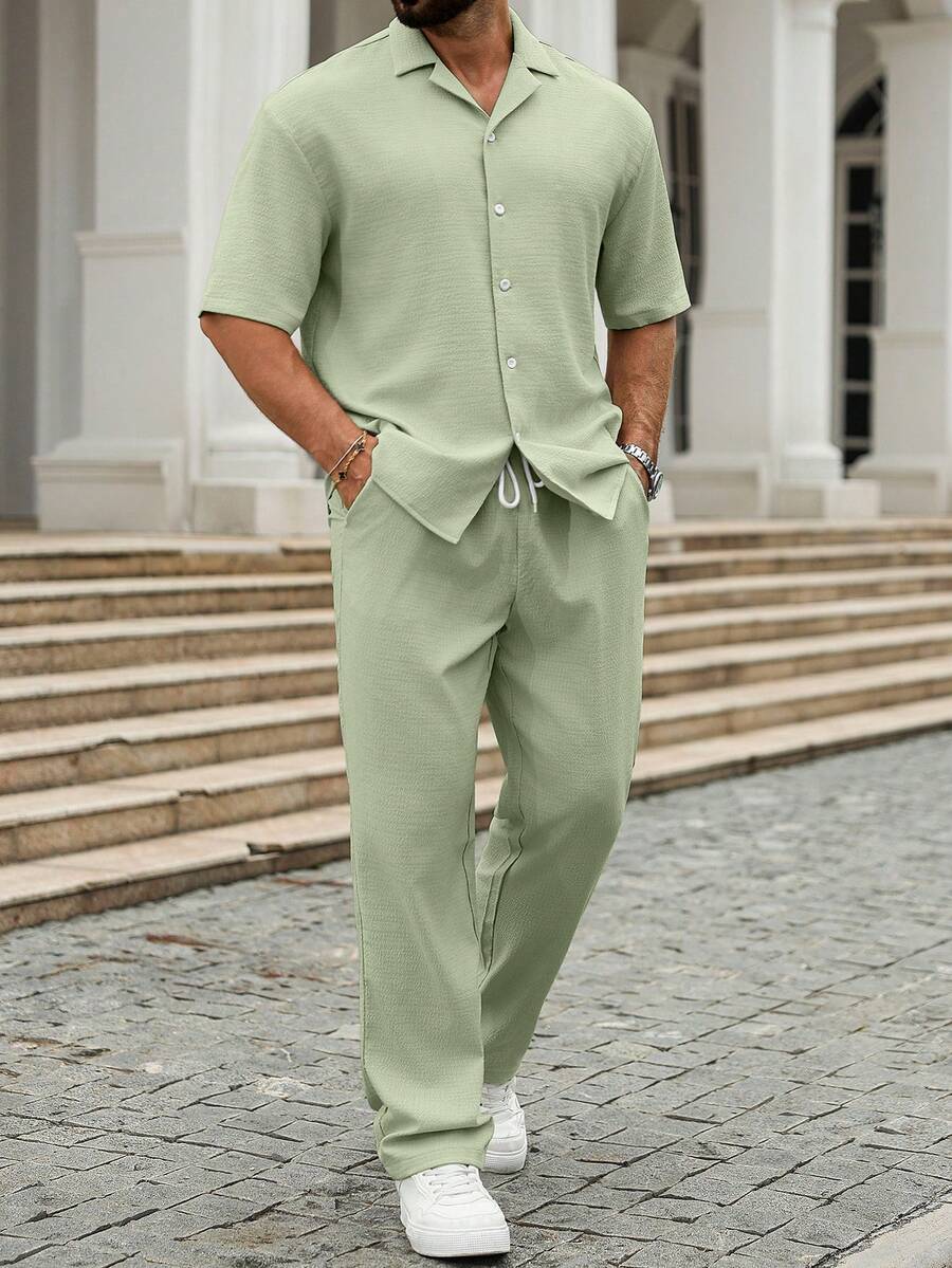 Manfinity Homme 男士鼠尾草綠夏季休閒度假兩件套,皺紋布料領口短袖襯衫與抽繩配套長褲套裝,度假風,正式 - 薄荷綠 - 查看 1