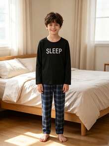 SHEIN Tween Boy Letter Print Top & Plaid Pants Loungewear - Black - View 3