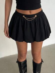 SHEIN MOD 女款秋季休閒優雅鏈條裝飾花苞裙 夜黑金配色 萬聖節 開學季 - 黑色 - 查看 2