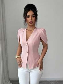 SHEIN Elenzya Women's Elegant Romantic Tailored Blazer With V-Neck, Pleated And Cinched Waist - Dusty Pink - View 3