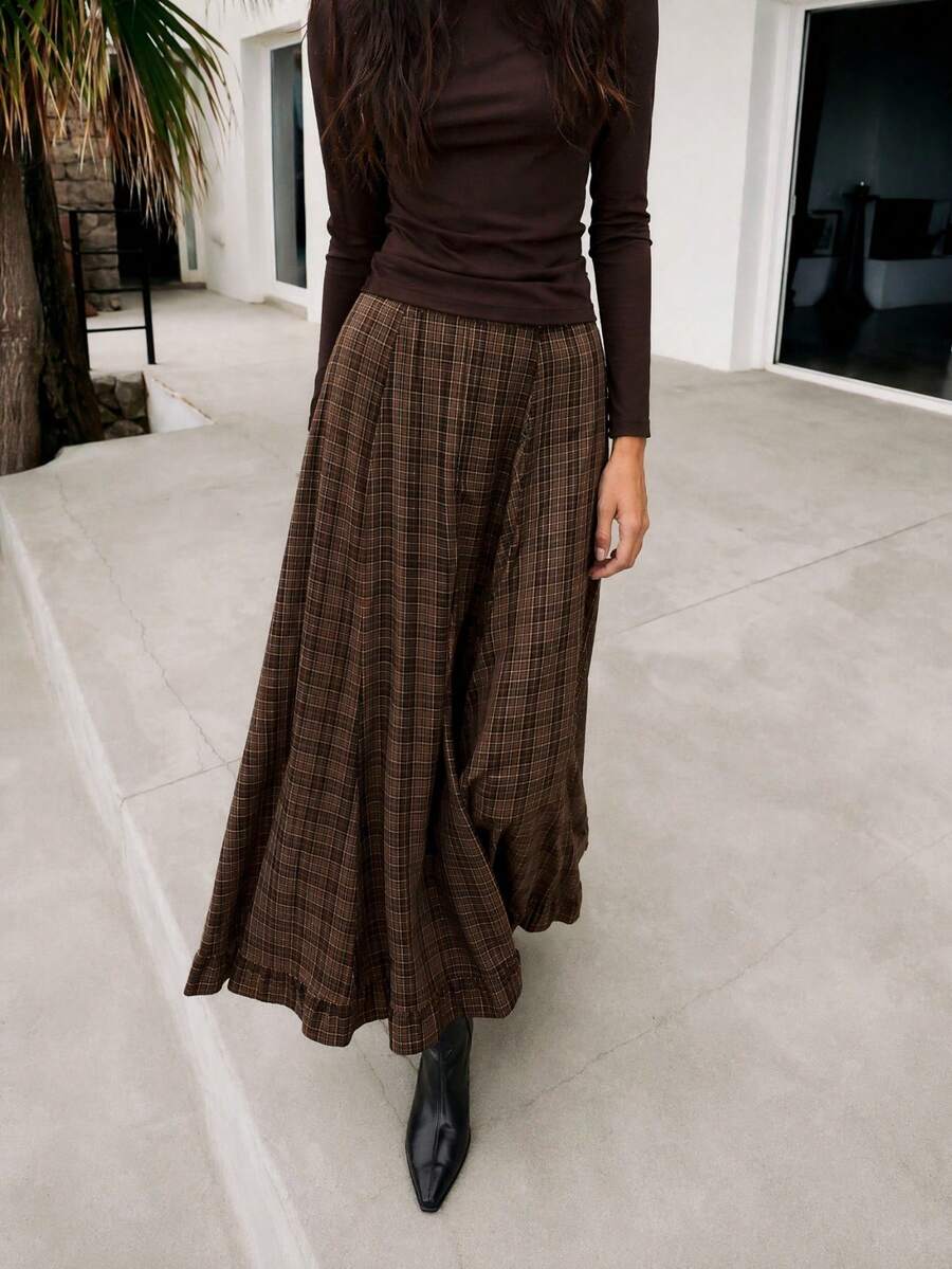 Nöista Brown Plaid Maxi Skirt With Ruffle Details. Occasionwear, Romantic, Chic Style. Elegant Boho - Brown - View 1