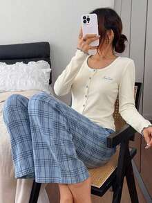 DAZY 3pcs Set Women's Pajama Set With Camisole, Short Jacket And Plaid Straight Leg Long Pants Fall - White - View 5