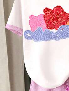 青少年女孩休閒復古拼接刺繡寬鬆圓領短袖T恤與寬鬆短褲2件套，適合春夏日常穿著、外出，甜美女孩風 - 彩色 - 查看 4