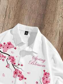 Manfinity Joysei Áo sơ mi nam dáng rộng lửng với họa tiết hoa anh đào, áo khoác ngoài mùa hè thường ngày. - trắng - Xem 3