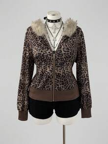 Sunspun Fashionable Leopard Print Fur Collar Slim Fit Long Sleeve Sweatshirt Winter - Brown - View 6