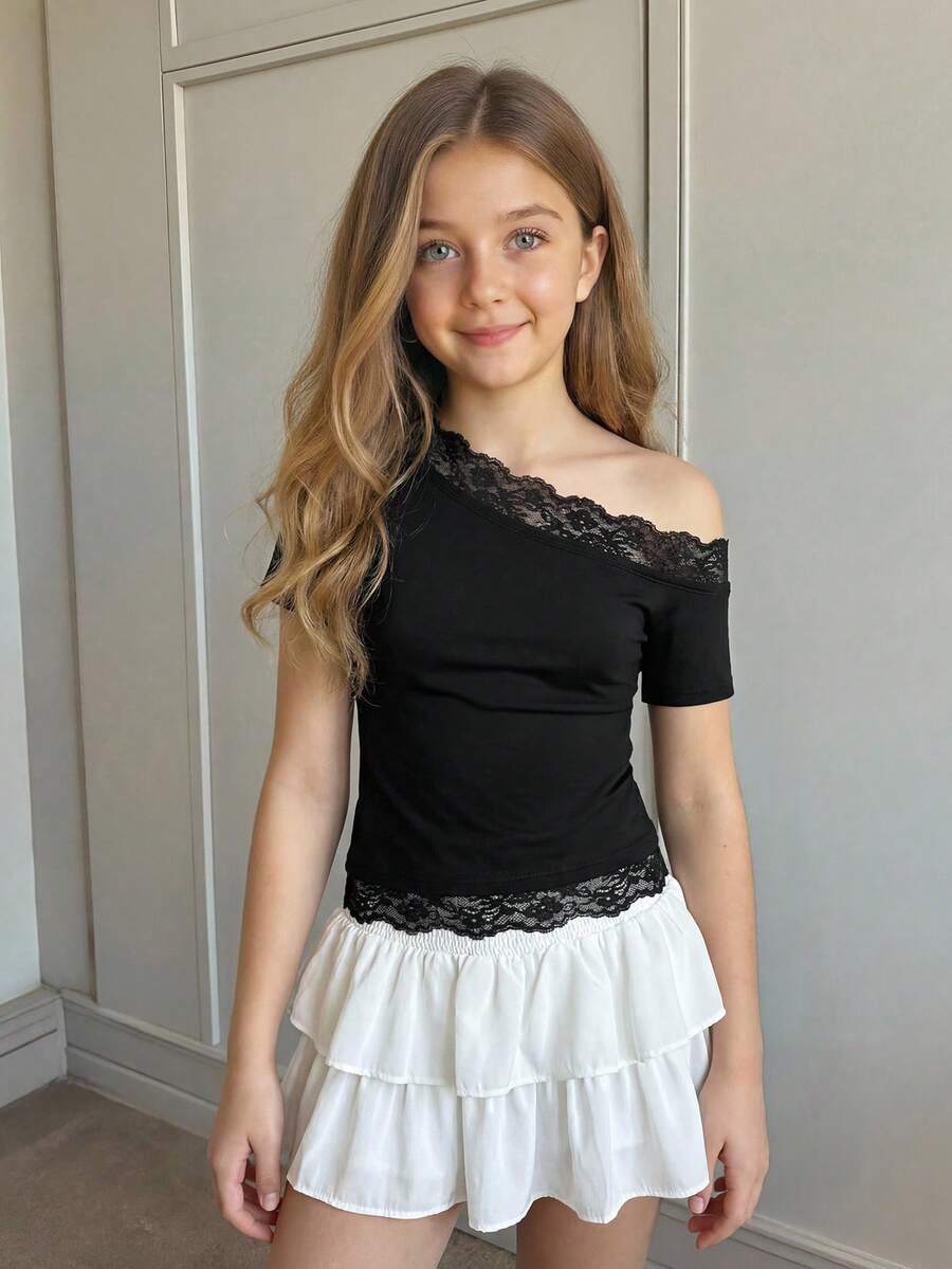 SHEIN Tween Girl Casual Versatile Black Knit Contrast Lace Asymmetrical Shoulder Short Sleeve T-Shirt - Black - View 1