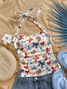 SHEIN SXY 7 月 4 日大码女式休闲蝴蝶结和褶皱挂脖背心，适合夏季夏季上衣蝴蝶结印花上衣挂脖上衣 - 彩色 - 查看 3