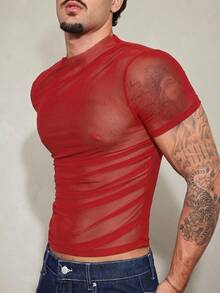 FeverCity Men's Solid Color Mesh Short Sleeve Slim Fit T-Shirt - Red - View 5