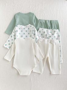 SHEIN Playful Pals 3件組新生兒套裝，信封領綠色波點印花白色與綠色長袖連身衣搭配鬆緊腰長褲，舒適柔軟，適合休閒外出與玩耍，可愛春秋百搭穿搭 - 薄荷綠 - 查看 2