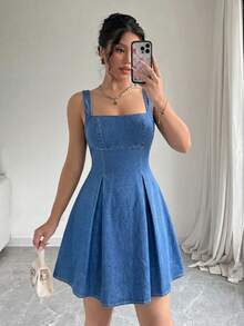 Elenzga 女款百褶休閒日常夏季牛仔洋裝 - 藍色 - 查看 4