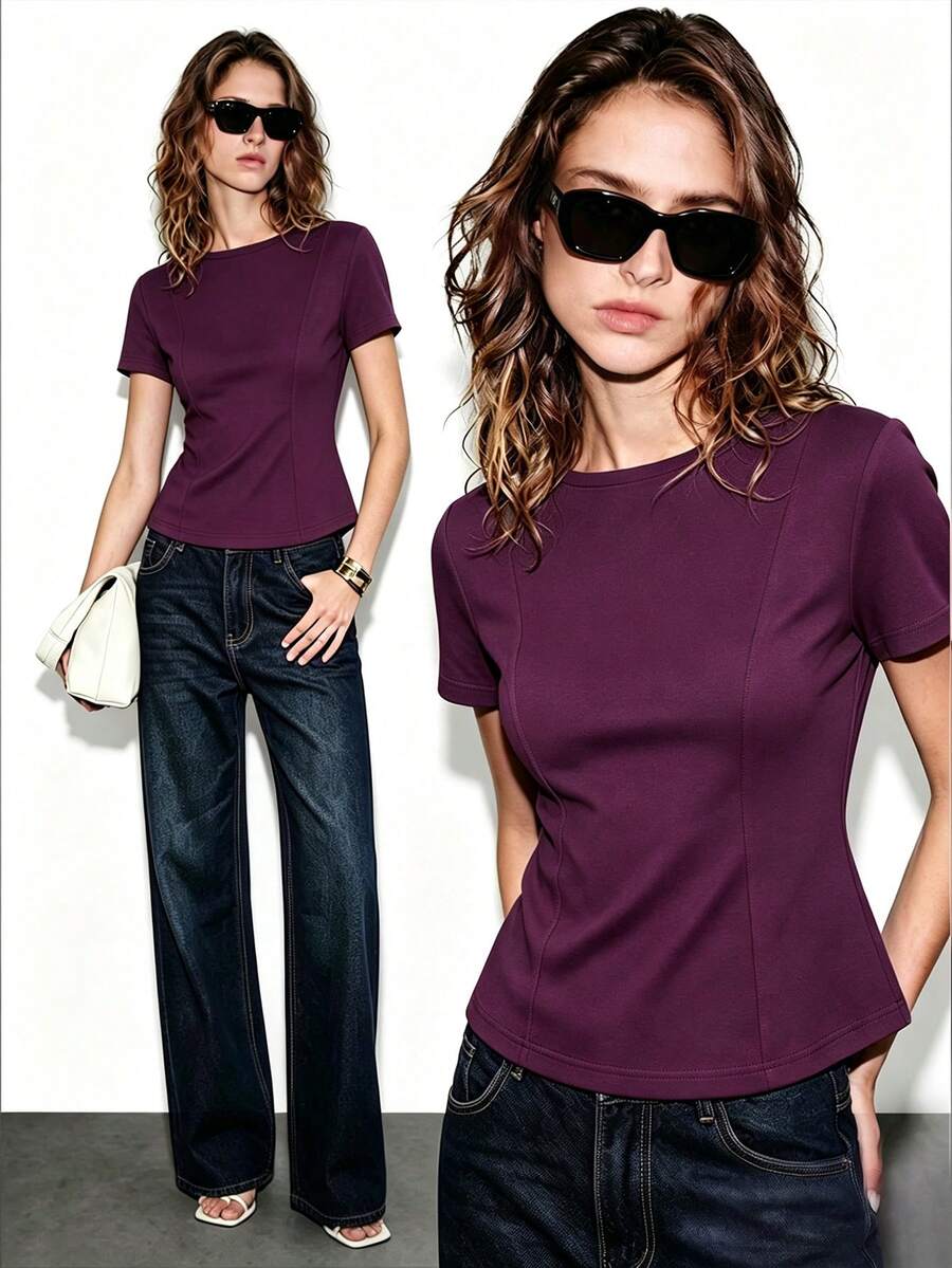 Lumivelle Kaos Wanita Regular Warna Polos dengan Elastisitas Tinggi, Kerah Bulat, Lengan Pendek, Pinggang Terikat, Hem Bergelombang, Potongan A-Line, Kasual, Elegan, Minimalis, Romantis, Cocok untuk Perjalanan, Musim Semi/Panas - Burgundy - View 1