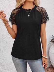 EMERY ROSE Camiseta de moda para mujer de unicolor con inserción de encaje en contraste y manga corta - Blanco - Ver 6