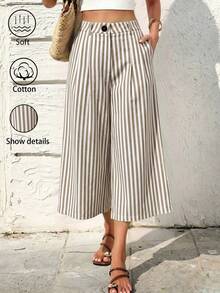 SHEIN Holidaya 女款休閒度假亞麻七分褲，休閒、海灘、居家、亞麻 - 卡其色 - 查看 1