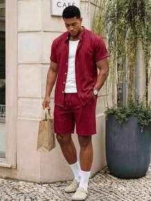 Manfinity EZcore Plus Size Men's Burgundy Summer Casual Beach Holiday Outfit,Solid Color Short Sleeve Single-Breasted Shirt And Shorts Set,Vacation Hawaii Tropical - Burgundy - View 3